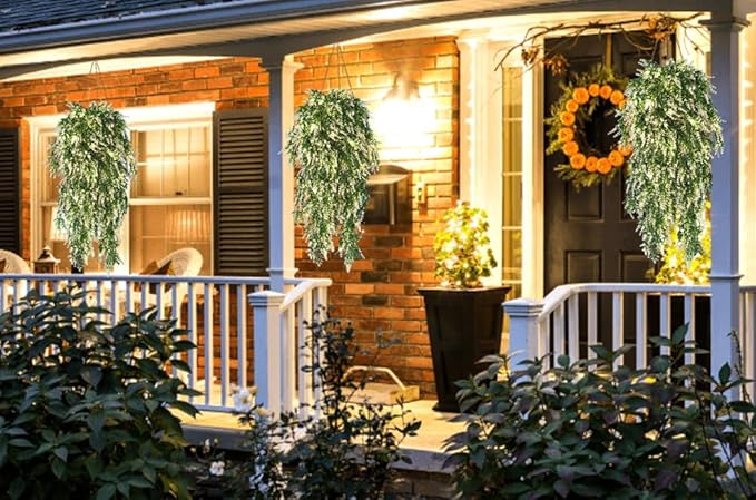 RECUTMS Artificial Ferns Hanging Baskets Lights Outside Lavender Real Plant in Basket Synthetic Plants 4pcs (White)