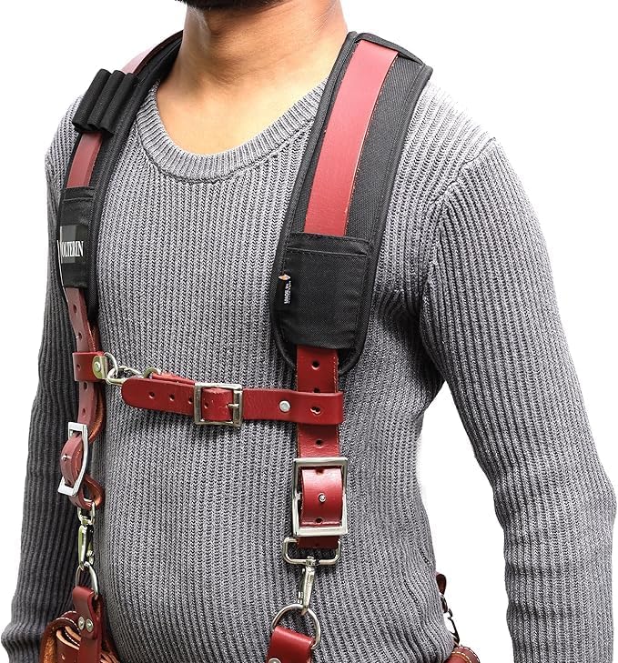 Falcon Gears Leather Tool Belt Suspenders Heavy-Duty Adjustable Harness with Padded Support, 4 Rig Loops, Front Hook for Work