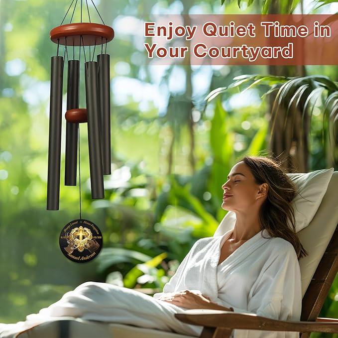 Personalized Faith & Nature Memorial Wind Chime – “Always Loved, Never Forgotten” Golden Cross with Deer & Bear – Custom Name & Dates Outdoor Sympathy Gift – Memorial Windchimes for Loss of Loved One