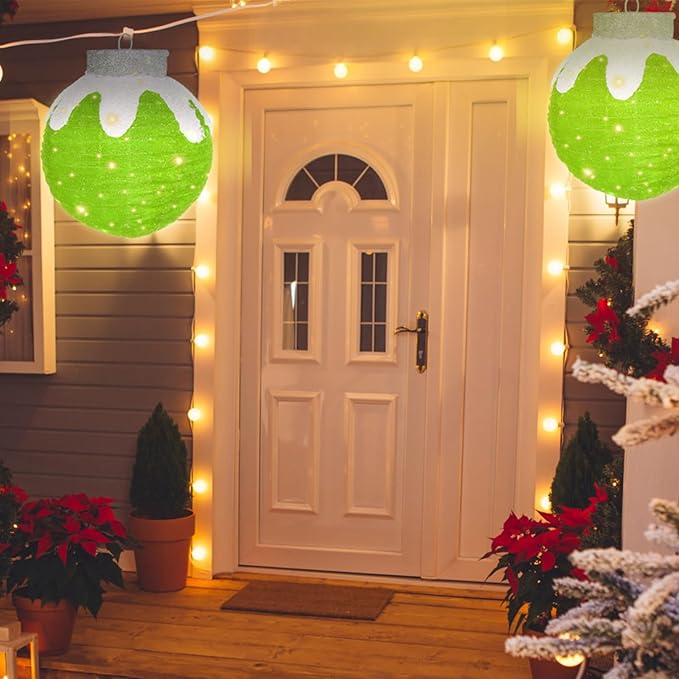 BRIGHTDECK Outdoor Christmas Ornaments, Lighted Pop-Up Outdoor Holiday Ball Decoration with 80 LED Lights, 8 Light Modes, Lighted Collapsible Holiday Decorations for Yard, Home (Green)