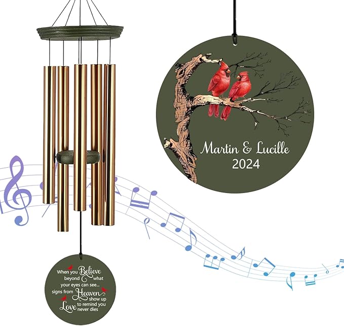 Personalized Memorial Wind Chimes, 36inch Cardinal Sympathy Wind Chimes, in Memory for Loss of Loved Dad/Mom/Ones, Bereavement Gifts, Deep Tone Wind Chime Outdoor (Produced in USA)