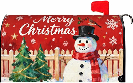 Merry Christmas Snowman Large Mailbox Covers Magnetic Oversized Red Green Xmas Tree Snowflake Cardinal Outdoor Decorative Holiday Seasonal Letter Box Cases for Home Garden Outside Decor, 25.5x21 Inch