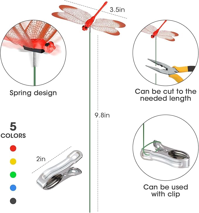 NiHome 15PCS Decorative Dragonflies with 10 Clips Decor for Garden, 9.8" Long Multicolor Waterproof Outdoor & Indoor Use, Versatile Clip-On Plant Decoration, Includes Pliers for Easy Attachment
