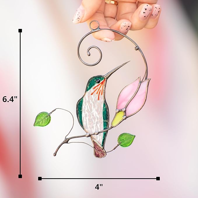 Hummingbird Cardinal Birds Stained Glass Suncatcher Genuine Stained Glass Window Hangings Unique Indoor Ornament & Outdoor Decor (Hummingbird)