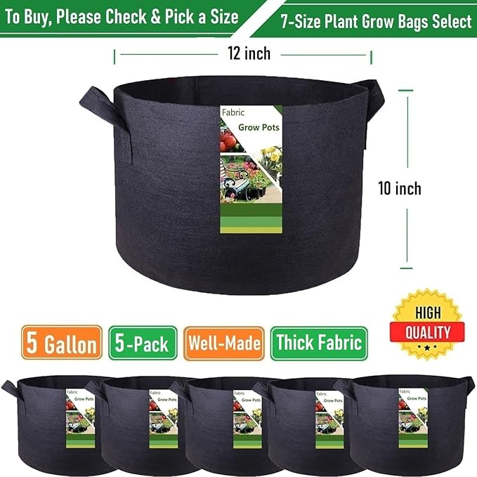 5-Pack 5 Gallon Thickened Plant Grow Bags (12x10 inch) Garden Bags Fabric Plant Pots for Flower Pot,Tomato Planters,Herbs Veggies,Potato Planter Bag,Garden Pot,Barrel Planter,Plant Container W/ Gloves