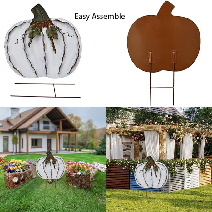 Veclotch 2set Pumpkin Garden Stake Metal Yard Sign Fall Decor, Decorative Decor Outdoor Stakes for Autumn Harvest Thanksgiving Halloween Rustic Decoration Home (White, 17''H)