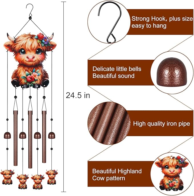 Metal Colorful Highland Cow Wind Chimes for Outside to Create a Zen Atmosphere Suitable for Outdoor Garden Patio Home Decor,Melodious Melodic Tones Suitable as A Birthday for Women Mom