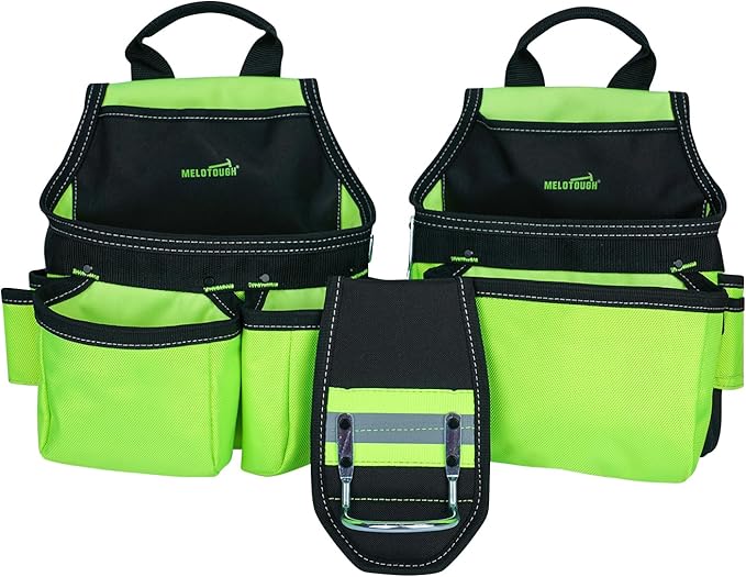 MELOTOUGH Reflective Safety Tool Belt with Suspenders Tool Bag Supenders Framers Comb Apron Construction Tool Pouch Builder Heavy Duty Carpenter Suspension Rig for Electrician, Roofing