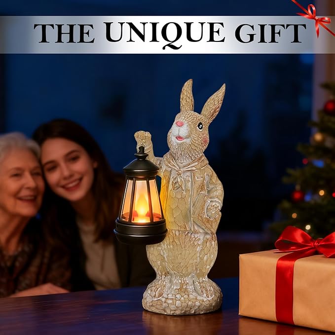 Dr. Bunny Solar Garden Statue, Adorable Rabbit Figurine with Glowing Lantern, Handcrafted Resin Home Decor for Patio, Balcony, Yard, Gift for Women, Housewarming, Birthday, Christmas