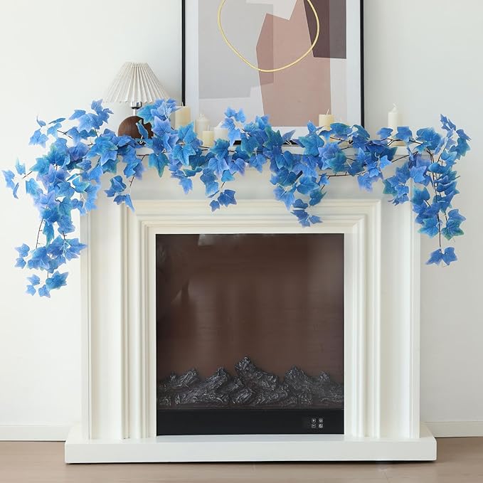 Mizii 3 Strands Artificial Vines Blue Ivy Garland 74" Fake Vine with Silk Leaves Faux Hanging Plants Greenery Decoration for Outdoors Wedding Party Indoor Bedroom Home Wall Room Decor (Blue)