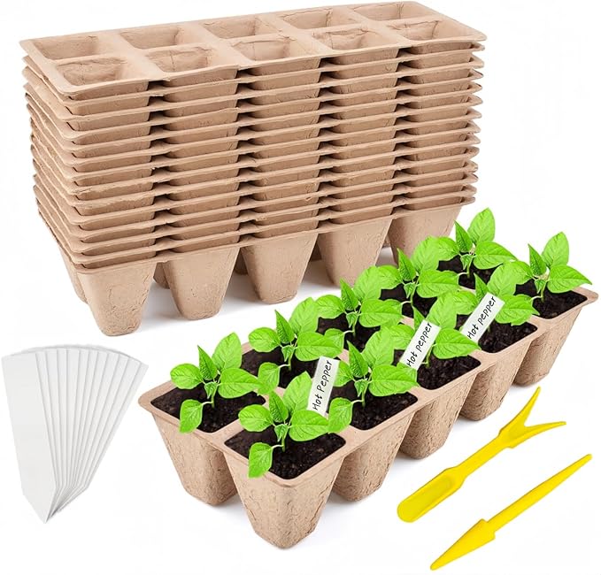 580 Cells Peat Pots Seed Starter Tray 58 Packs Biodegradable Seedling Pots Germination Trays Peat Pot for Seedling Organic Seed Starting Trays kit with 58 Labels 2 Transplant Tools