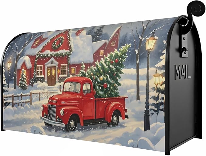 Christmas Mailbox Covers Magnetic Standard Size Red Truck House Xmas Winter Scene Mailbox Wraps Holiday Themed Outdoor Decorative Letter Box Cases for Home Garden Outside Decor, 21x18 Inch