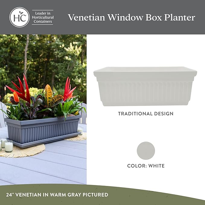 The HC Companies 30 Inch Venetian Window Planter Box with Drainage Plug, Lightweight UV-Resistant Plastic Outdoor Planters, 2-Pack Flower Box for Garden & Home Decor, White