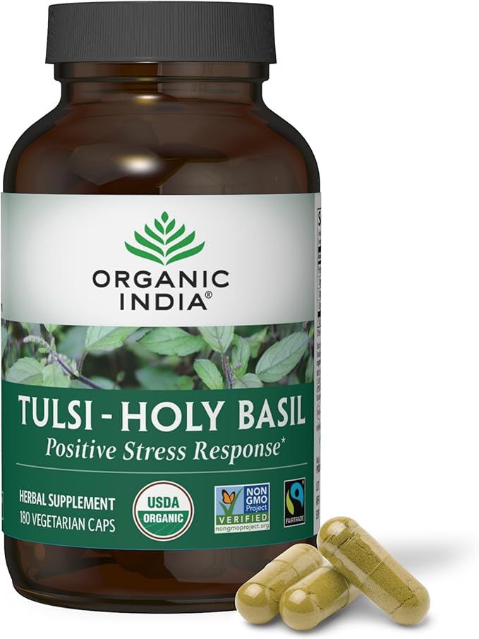 ORGANIC INDIA Tulsi Herbal Supplement - Holy Basil, Immune Support, Adaptogen, Supports Healthy Stress Response, Vegan, Gluten-Free, Kosher, USDA Certified Organic, Non-GMO - 180 Capsules