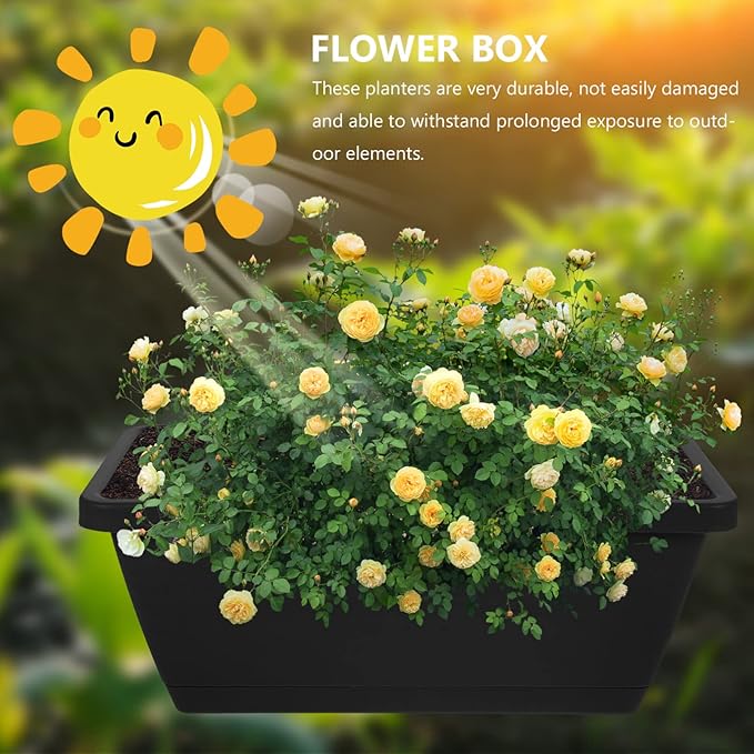 Alipis 4Pcs Window Box Planter - Plastic Vegetable Flower Planters Boxes 14 Inches Rectangular Flower Pots for Indoor Outdoor Garden, Patio, Home Decor Black