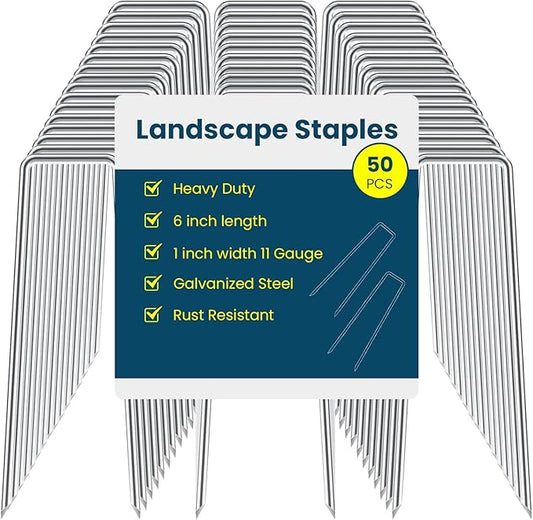 6 Inches Galvanized Garden Staples, Metal Tent Stakes, Heavy Duty U-Shaped Pins and Landscaping Staples for Sod Anchoring Landscape Fabric Irrigation Tubing,Halloween Decorations (50, Silver)