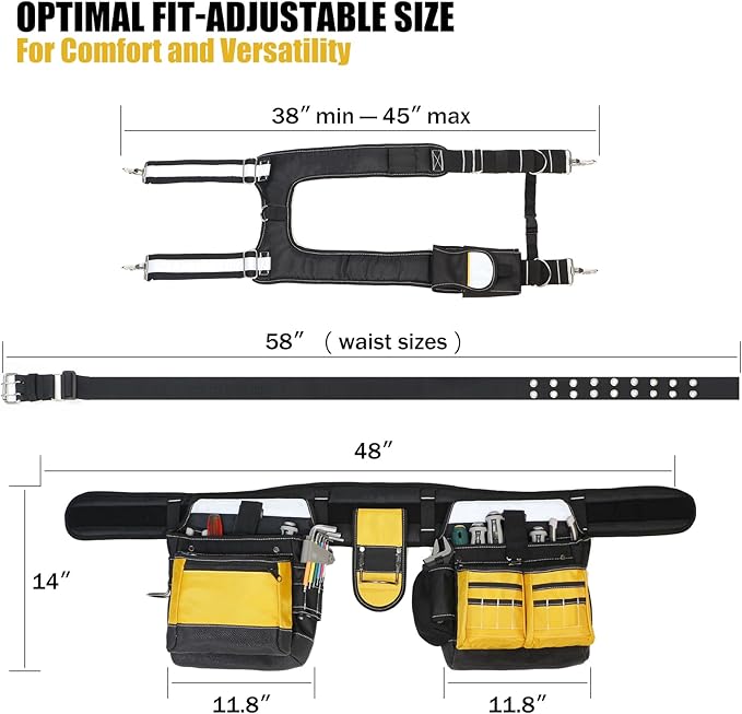 Tool Belt with Suspenders for Men, Heavy Duty Construction Tool Belt with 32 Pockets, 1680D Ballistic Material, Reflective Strips for Safety, HVAC Toolbelt for Men
