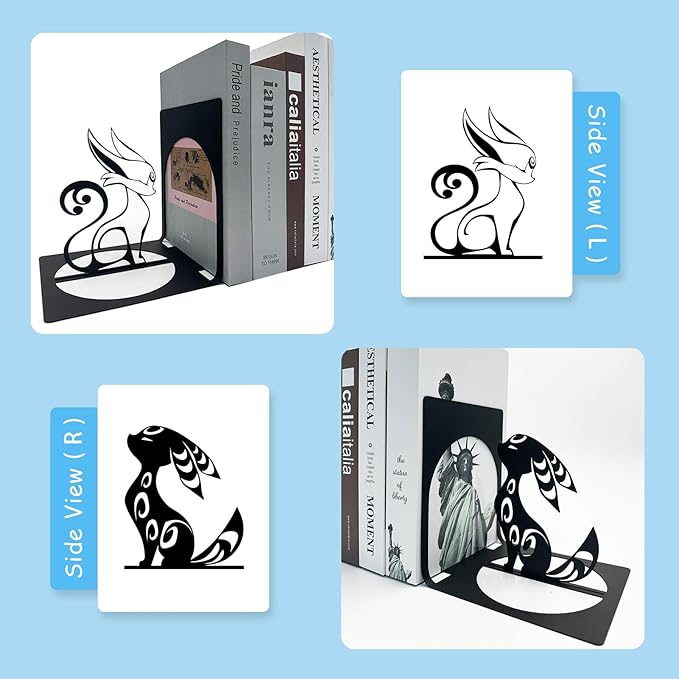 Fox Bookends, Black Foxes Metal Book Ends, Anime Bookends, Cute Book Ends for Shelves, Animal Book Stopper, Book Organizer for Desk, Home Office Book Holder