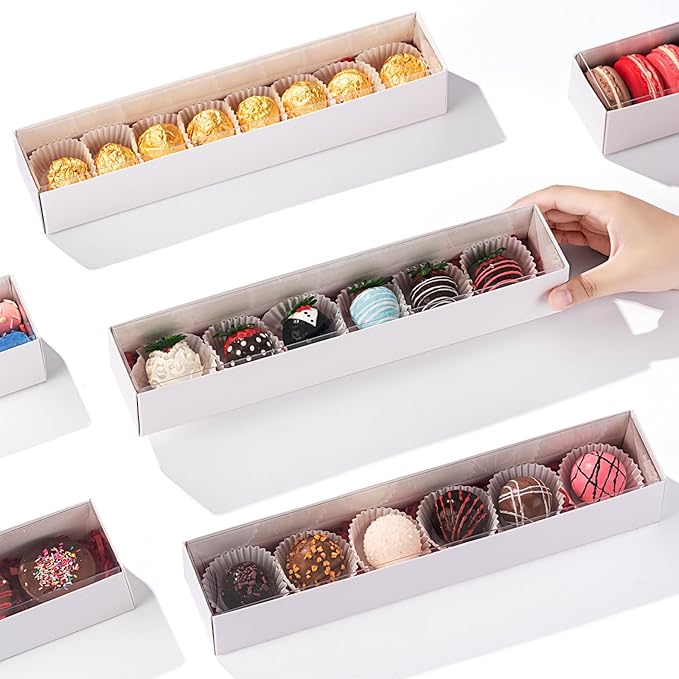 RomanticBaking 51 Pack 12x2¼x2 Inch Long Bakery Boxes with Full Window Drawer Strawberry Boxes,Macaron boxes,Chocolate Boxes Truffle Boxes