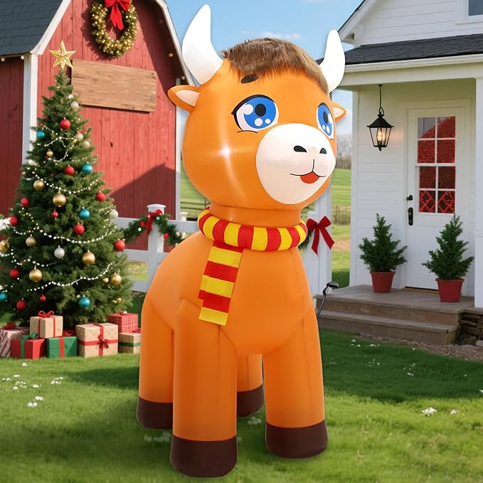 Christmas Inflatable Outdoor Decorations, 6FT Inflatables Highland Cow Spring Yard Decor, LED Lights Blow up Highlander Cattle Calf Holiday Decorations for Farm Ranch Indoor Outside Lawn Garden