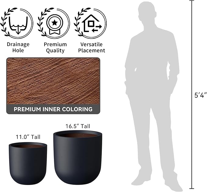 Kante 11.0" Round Concrete Planter, Large Cylinder Plant Pot with Curved Bottom and Drainage Hole, for Indoor and Outdoor Use – Garden or Patio, Charcoal Finish with Warm Brown Interior