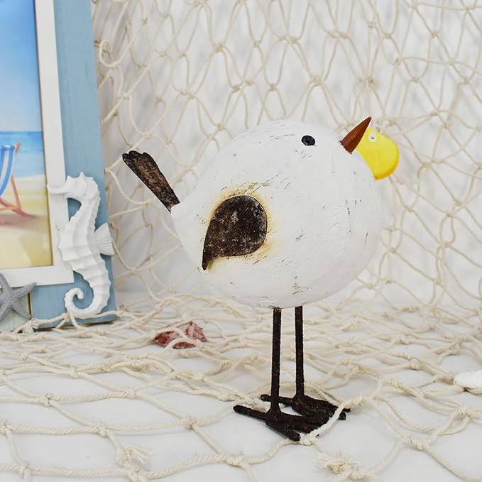 Aecipl Wood Bird Statue Standing Seagull Nautical Decor Coastal Birds Sculpture Indoor Outdoor Animal Figurine Beach Themed Decoration Rustic Home Art for Bedroom Garden (L)