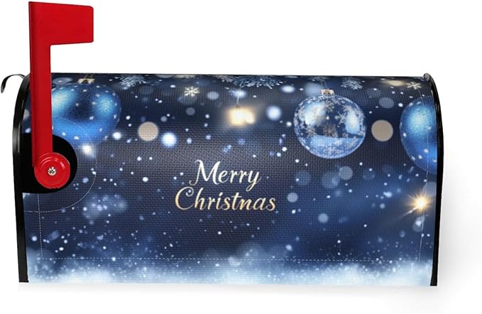 Festive Magnetic Mailbox Cover Christmas Blue Ball Pattern Outdoor Mailbox Protector Holiday Seasonal Decorative Garden Yard Home Standard Size 21 x 18 Inch