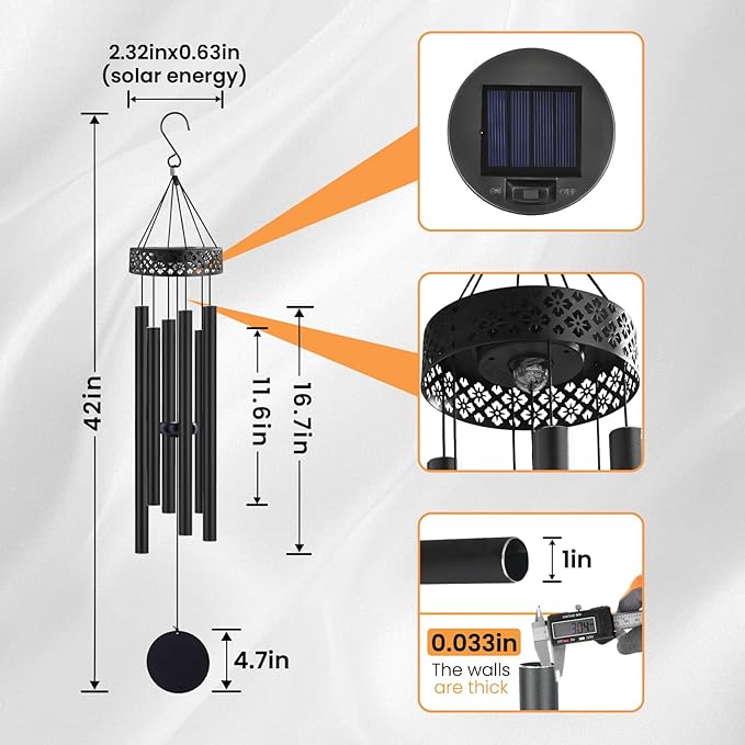 42" Deep Tone Wind Chimes for Outside Clearance, Solar Large Metal Windchimes for Loss of Loved One, Memorial Heavy Duty Chimes Outdoor for Garden,Sympathy Gifts,Black
