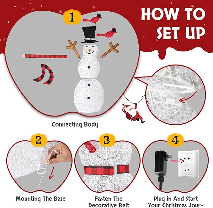 VINGLI 5FT Outdoor Snowman Christmas Decorations, Lighted Outdoor Snowman w/120 LED Lights, Tall Hat, Red Scarf, Ground Stakes, Zip Ties for Indoor, Yard, Outside Xmas Decor