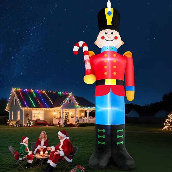 12 FT Tall Nutcracker Inflatable Christmas Decorations Outdoor Candy Cane, Built-in LED Lights Large Funny Soldier Xmas Blow Up Yard Decoration for Winter Holiday Party Indoor Outside Lawn Garden