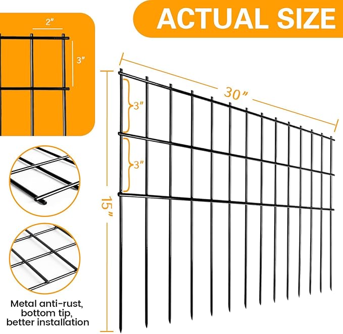 Garden Fencing Animal Barrier 37.5 ft(L)×15 in(H), 15 Panels No Dig Fence, Underground Critter Barrier for Decks, Small or Medium Pet Dog Digging Fence Barrier. Rust-Proof Metal Fence Stakes