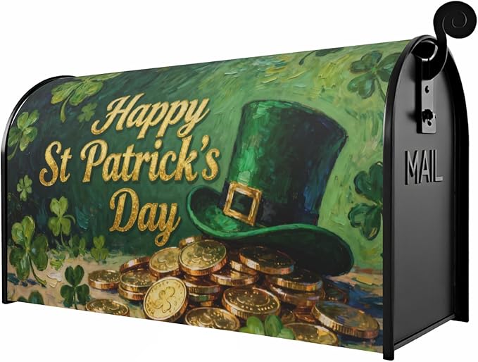 Happy St. Patrick's Day Mailbox Covers Magnetic Standard Size Green Shamrock Hat Gold Coin Print Saint Patricks Holiday Outdoor Decorative Letter Box Cases for Home Garden Outside Decor, 21x18 Inch