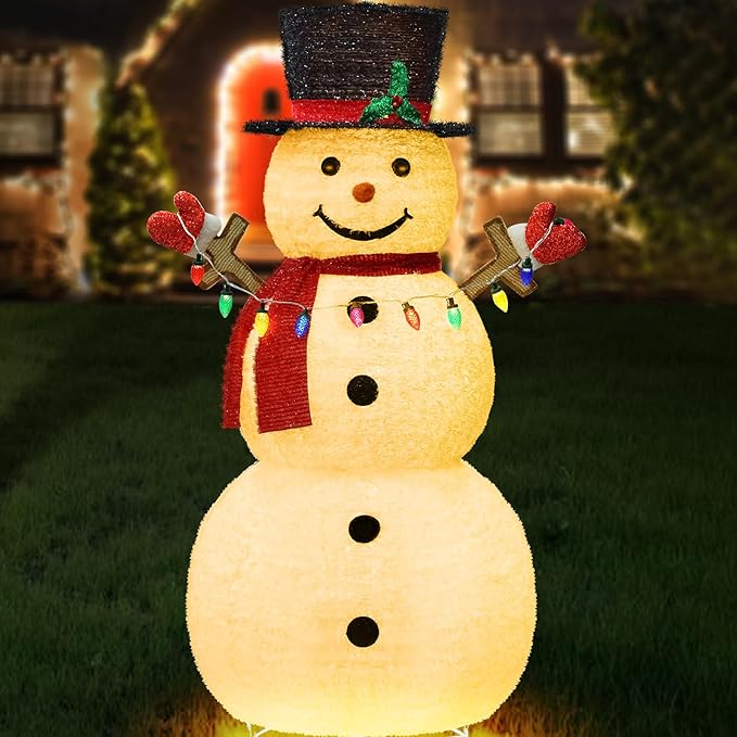5ft Lighted Pop-Up Snowman, Large Outdoor Christmas Snowman Decoration with 200 LED Lights, Hat, Scarf, Multicolored Lights, for Christmas Yard and Outdoor Display (Batteries Not Included)