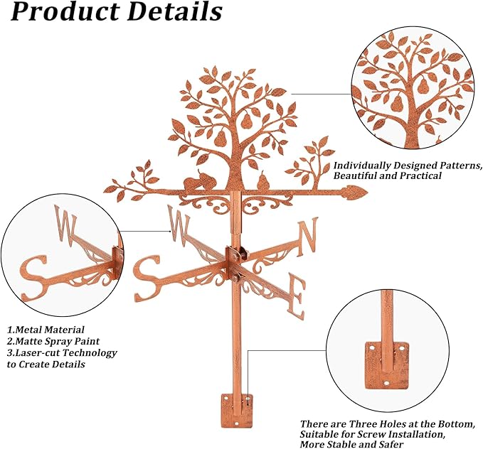 SUPERDANT Pear Tree Weather Vane Tree Leaves Wind Vanes for Yard Pears Metal Weathervane Roof Mount for Gardens Outside Reddish Copper Weathervanes Farmhouse Farm Barn Sheds Patio Decorations