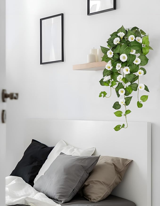 Briful Fake Hanging Flowers 2 Pack 25.6" Artificial Morning Glory Silk Floral Bush Faux Hanging Vine Plants Outdoor Fake Flowers for Home Office Outside Planter Porch Patio Yard Garden Decor(White)
