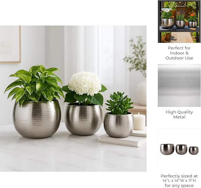 Modern Planters and Flower Pots for Home Decor – Metal Plant Pots Perfect for Indoor and Outdoor Houseplants – Stunning Accent for Garden, Patio, and Living Room Decor Set of 3 – 11", 10", 8" Silver