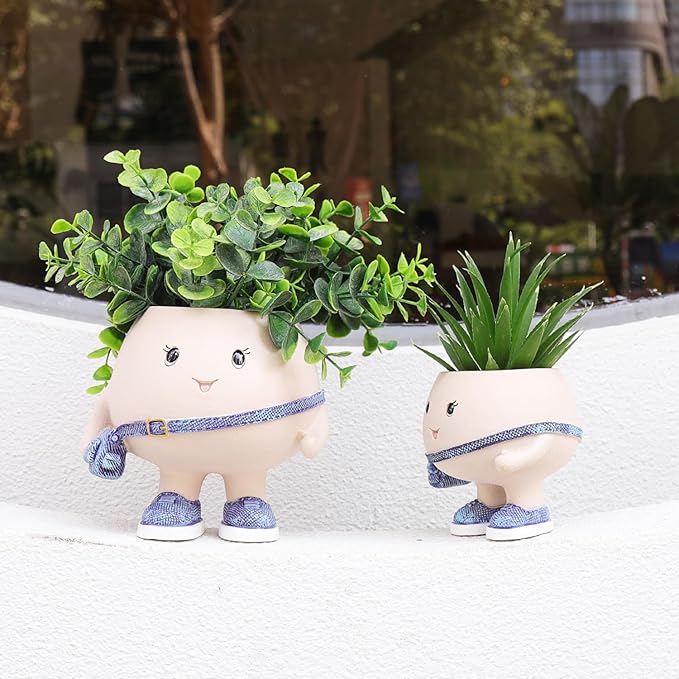 Smily Face Planter Pot with Cute Bag Resin Head Planters for String of Pearls Plant Live Unique Succulent Pots with Drainage Hole for Indoor Outdoor Plants Gift IdeaI for Mother Day