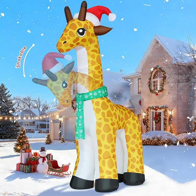 COMIN 10 FT Christmas Inflatables Outdoor Decorations Inflatable Nodding Giraffe with A Santa Hat Blow Ups with Built-in LEDs for Yard Party Lawn Decor