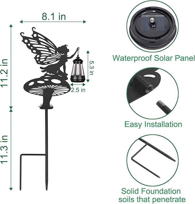 2Pack Solar Outdoor Garden Lights Stakes Solar Metal Flower Fairy Lawn Deco Statue Flower Fairy Patio Garden Decorative Stakes with Solar Lantern Christmas Birthday Gifts for Women Mom and Grandma