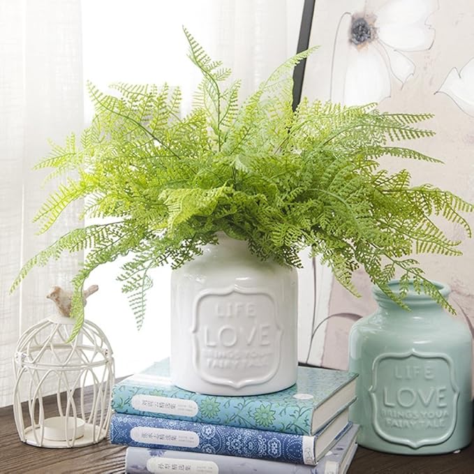 CATTREE Artificial Shrubs Bushes, Plastic Fern Leaves Persian Grass Fake Plants Wedding Indoor Outdoor Home Garden Verandah Kitchen Office Table Centerpieces Arrangements Christmas Decoration 2 pcs