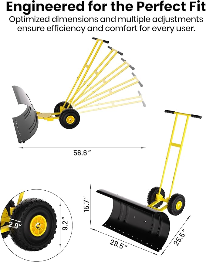 Snow Pusher with Wheels for Driveway, 29.5" Wide Heavy Duty Steel Blade, 7-Position Angle Adjustment & 60° Tilt Handle, Ergonomic Push Snow Shovel with Ground Protection for Effortless Snow Removal
