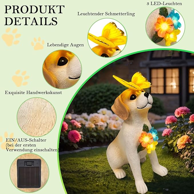 Solar Dog Garden Statues Decor, Outdoor Fairy Dogs Figurines Accessories Decorations with LED Lights Home Patio Balcony Yard Lawn Ornaments, Unique Thanksgiving for Women Dad Friends