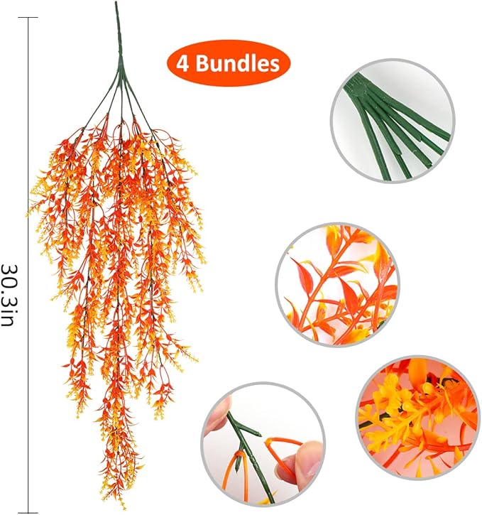 RECUTMS Artificial Hanging Plants Fake Faux UV Resistant Lavender Flowers Indoor Outside Decorations,4 Packs (Sunset)