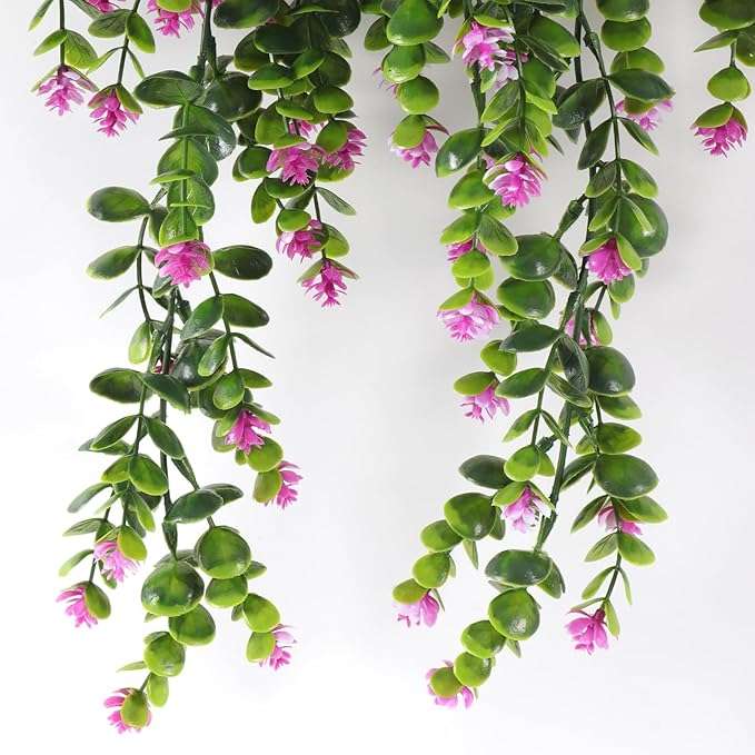 RECUTMS 4Pcs Fake Eucalyptus Leaves with Flowers Plastic Ivy Greenery Leaf Artificial Hanging Plants for Home Garden Wall Bedroom Office Wedding Decor Fuchsia
