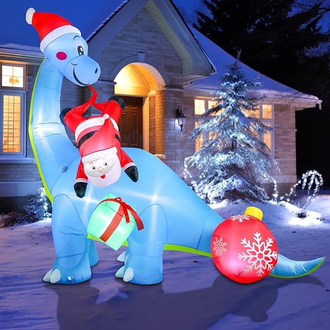 10FT Christmas Inflatable Outdoor Decorations, Inflatable Dinosaur and Santa Claus Built-in LED Lights Blow Up Yard Decorations for Holiday Indoor Outdoor Party Garden Lawn