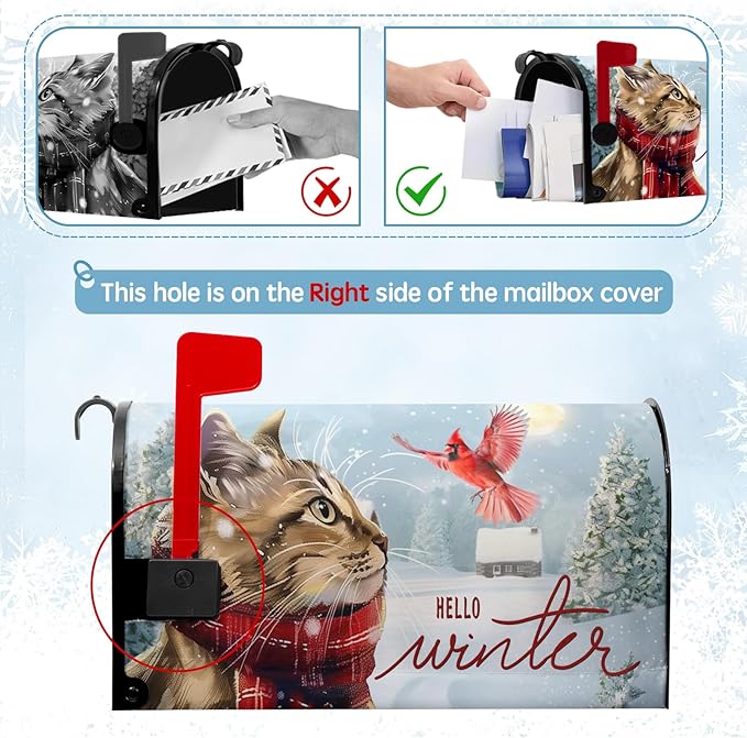 Hello Winter Oversize Magnetic Mailbox Cover - Hello Kitty Cardinal Snowy Waterproof Post Letter Cover - Rustic Snow Tree Red Bird Mailbox - Large Size 25.5" L x 21" W