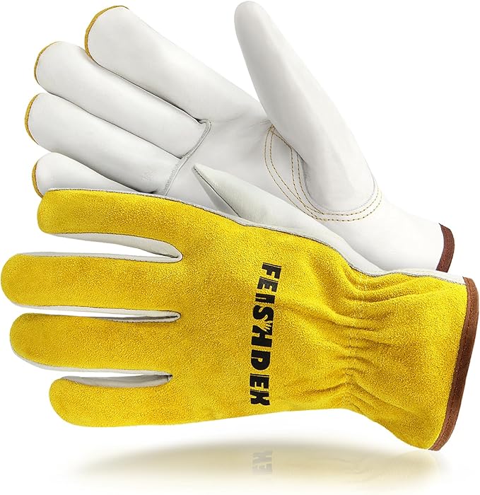 Leather Work Gloves, Puncture Proof Garden Gloves for Women, Heavy Duty Safety Working Gloves for Men