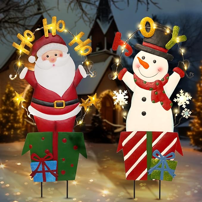 Christmas Outdoor Yard Signs Decorations, LED Solar Metal Garden Stake Lights with Joy for Patio Lawn Christmas Decor (Snowman&Santa Claus)