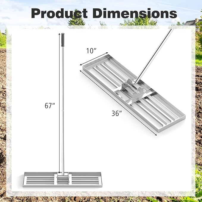 36" x 10" Lawn Leveling Rake, Heavy Duty Landscape Rake with 67" Handle, Non-Slip Grip & Flat Head, Space-Saving Lawn Level Tool for Garden, Backyard, Golf Course & Sports Field(Silver)