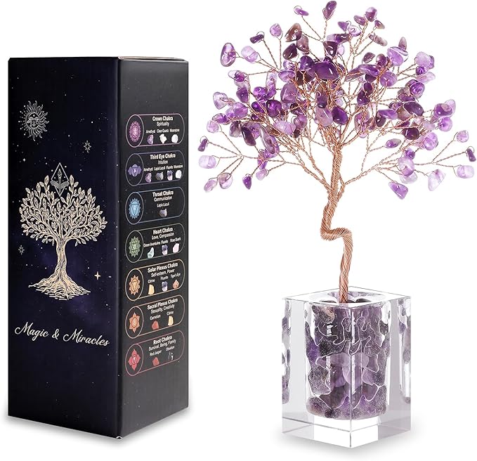 Amethyst Crystal Tree of Life Chakra Healing, Home Office Desk Shelf Decor, Desk Decorations, Feng Shui Decor for Spiritual Healing Woman Sister Birthday Gifts Ideas